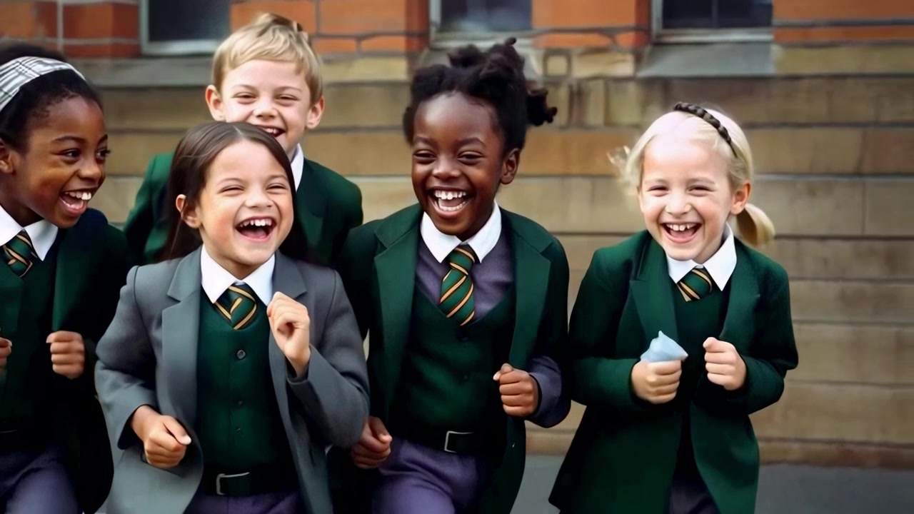 Group of Diverse School Children Running and Laughing Together