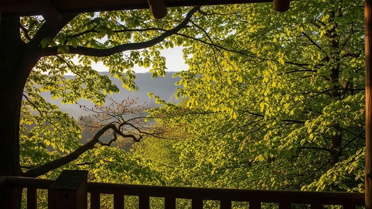 A Serene Look Through the Lush Green Canopy Framing an Expansive View of Rolling Hills in the Soft Glow of Evening Light