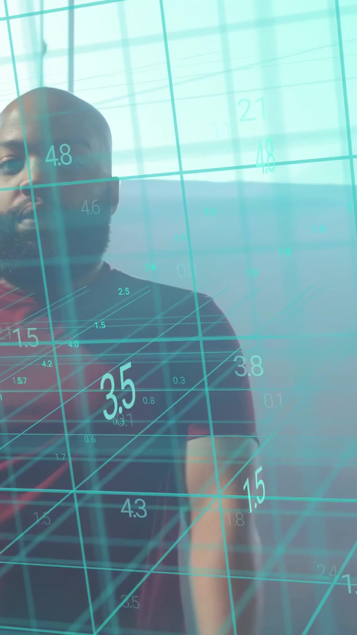 Vertical video: Turquoise grid appearing, man emerging, shifting arm and settling for tech portrait