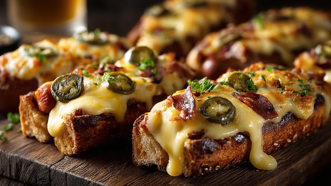 Herkullisen juustoiset pekoni-jalapeñopaahdot, täydellisesti grillattu ja päällystetty sulavalla juustolla, suolaisella pekonilla ja mausteisilla paprikoilla vastustamattoman välipalakokemuksen luomiseksi
