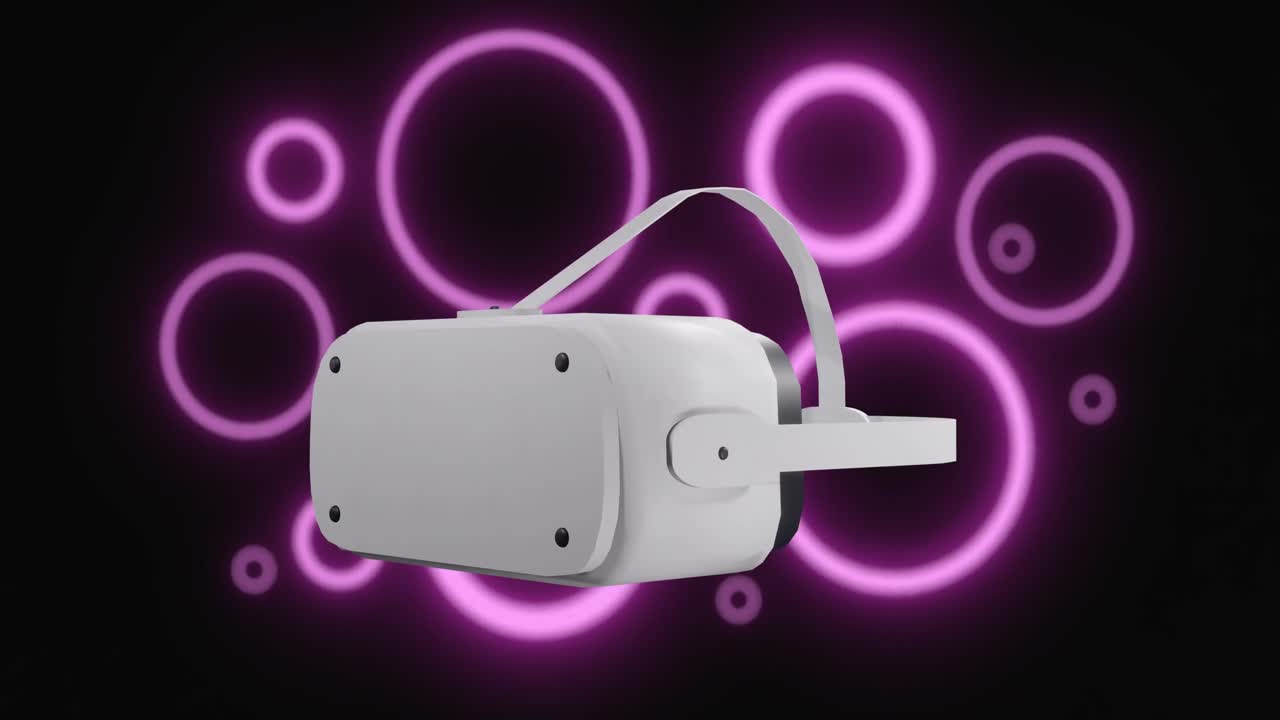 animación de auriculares vr sobre círculos de neón púrpura y procesamiento de datos