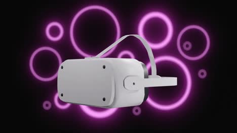 animación de auriculares vr sobre círculos de neón púrpura y procesamiento de datos