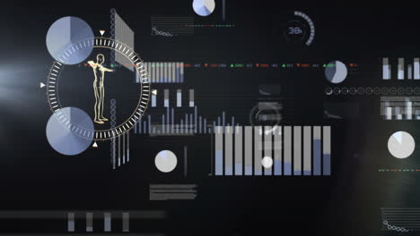 Animation of human representation in circle, graphs and trading board over black background