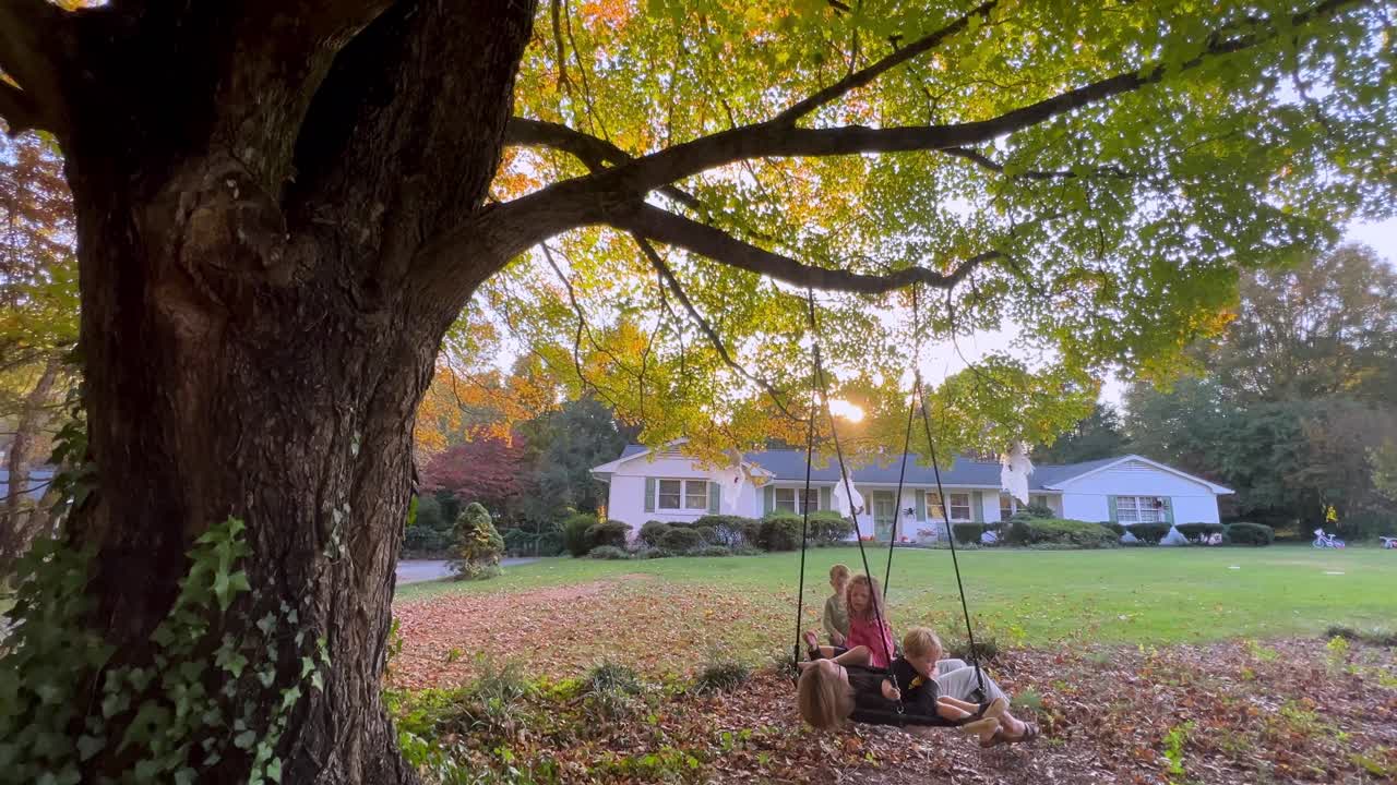 Children Playing on a Swing in Autumn