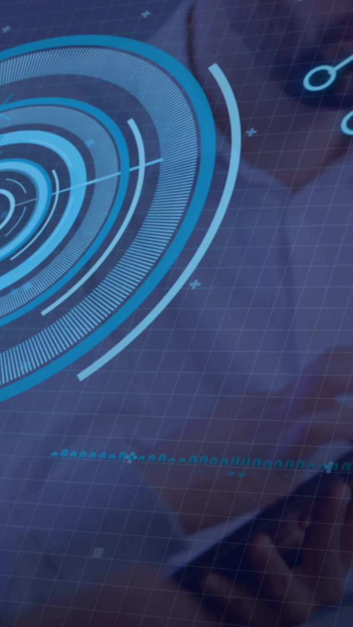 Futuristic digital interface animation over person using smartphone and laptop