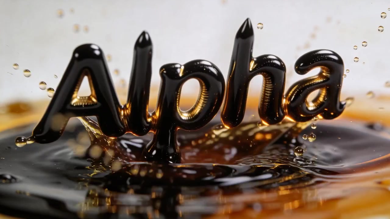 Primo piano di un getto che scende, colpendo un'Alfa stilizzata e ricoprendo le lettere con liquido ambrato.