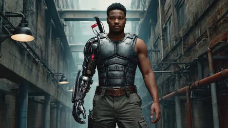 cyborg soldier in a dystopian alleyway