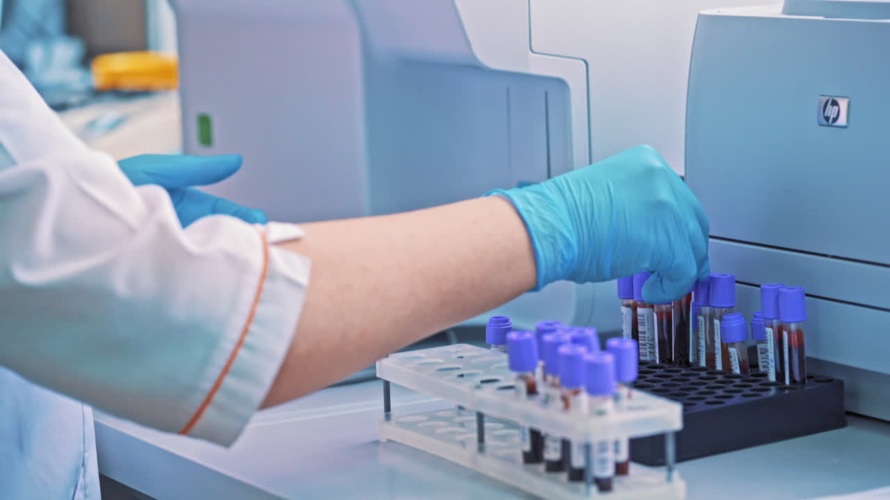 Close-up of female hands filling the tube with blood from the automated machine. Technician uses laboratory equipment while working with samples in tubes indoors.