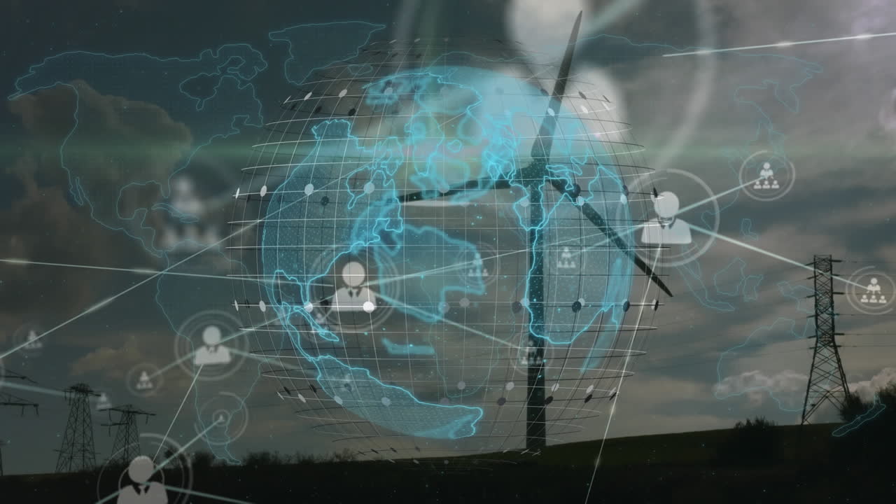 Animation of globe, connections and data processing over wind turbine