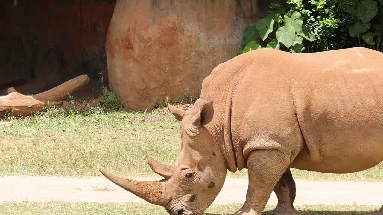 A rhino grazes near a large rock within a zoo enclosure, showcasing its natural behavior.