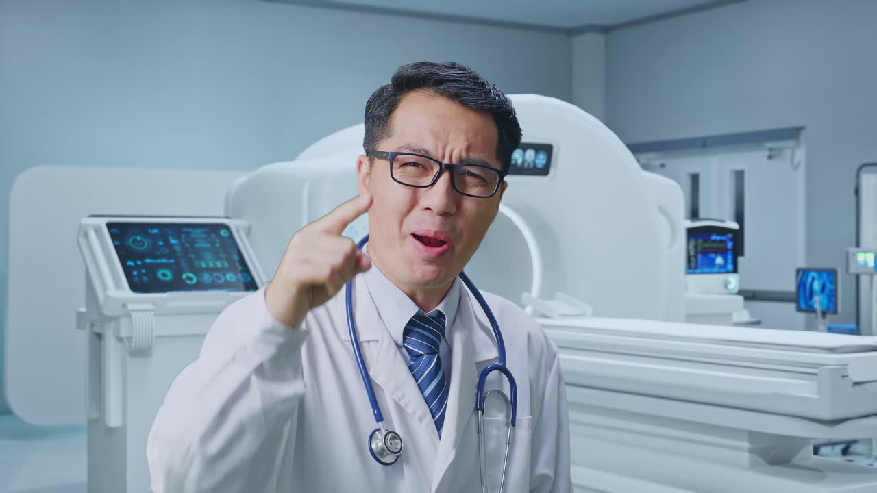 Close Up Of Asian Male Doctor Shouting To Camera While Standing With MRI Machine In The Hospital