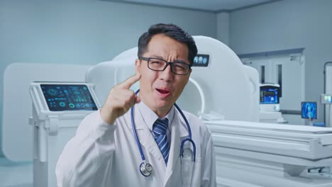 close up of asian male doctor shouting to camera while standing with mri machine in the hospital
