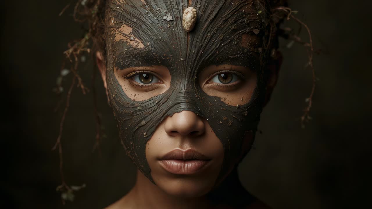 Início da captura mostrando uma mulher segurando um olhar fixo em um retrato de estúdio, com máscara escura, semente e galhos