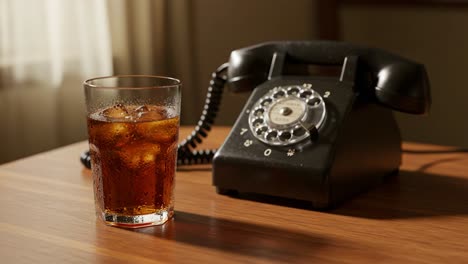 a nostalgic scene featuring a classic black rotary phone and refreshing glass of cola on a wooden table bathed in soft natural light