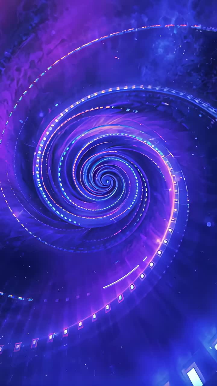 Video verticale: vortice a spirale che si apre ruotando in un tubo cosmico, nastri al neon pulsanti e quadrati illuminati