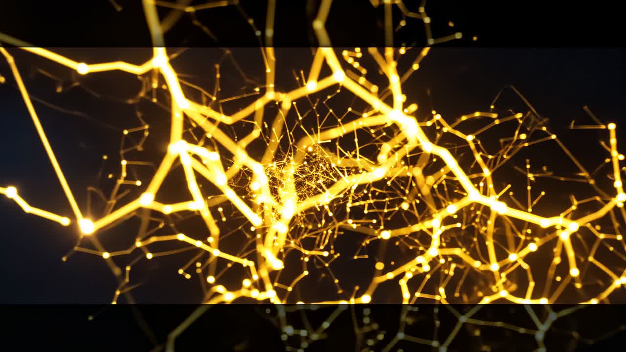 On sequence start glowing golden filaments and nodes pulsing and expanding in dark virtual space