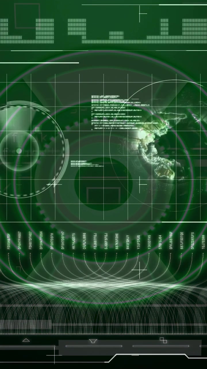 Video verticale: HUD che avvia l'aggiornamento, mappa di illuminazione, radar rotante, forma d'onda pulsante per il monitoraggio