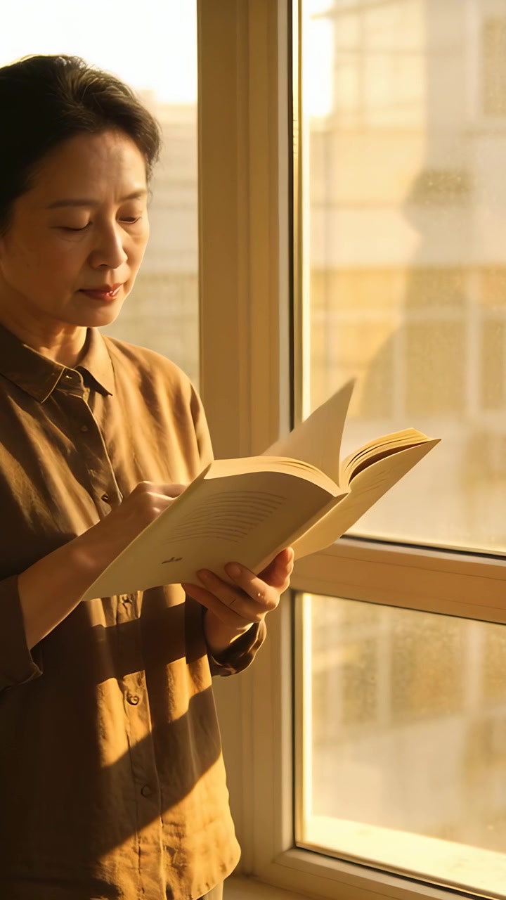 Vertical video: Reading senior looking turning book pages by window brown shirt to read, copy space
