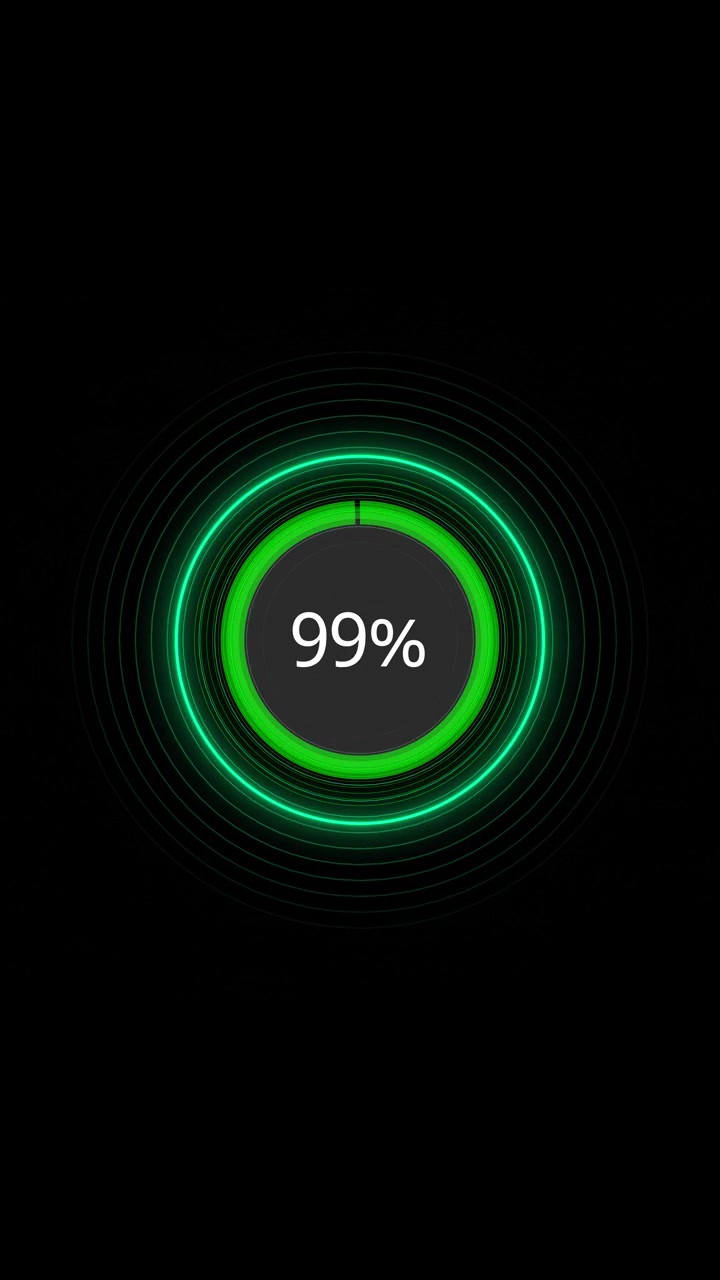 Green circular loading progress indicator glowing rings percentage counter and dark minimal