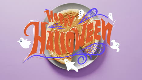 happy halloween text animation over plate of pancakes with ghost illustrations