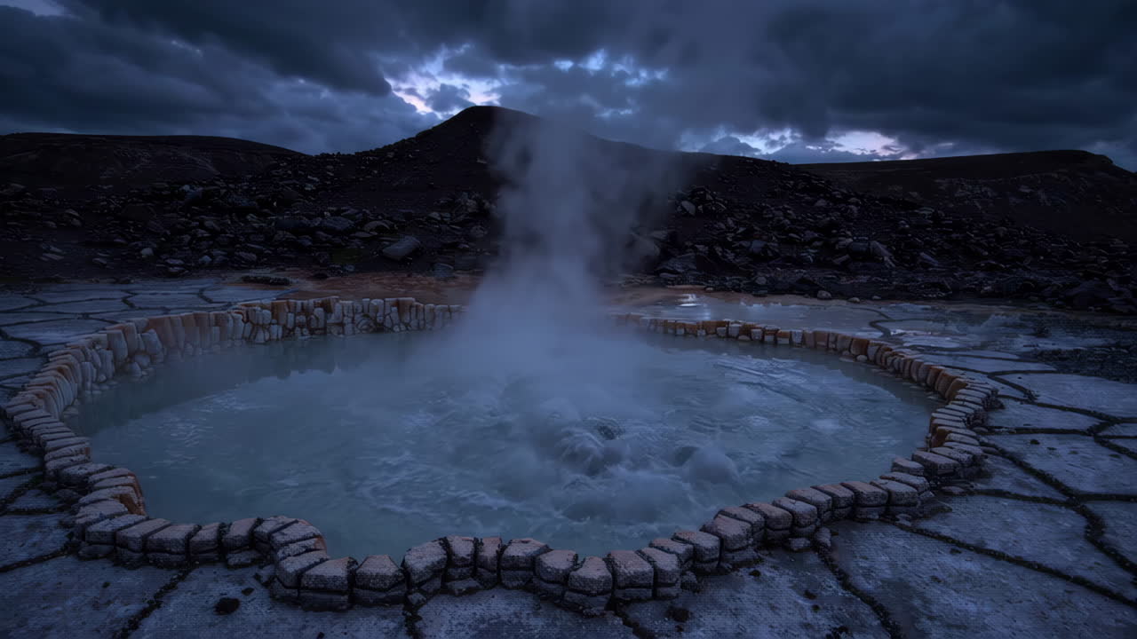 Steaming geyser or hot spring under a dark, cloudy sky