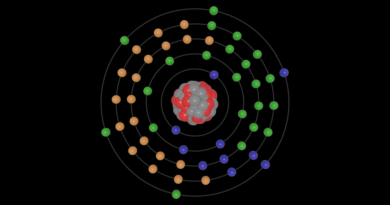 3D animation of a Tellurium atom on a transparent background showing shells, subshells, electron orbits, and a nucleus with protons and neutrons, illustrating atomic structure and energy levels.