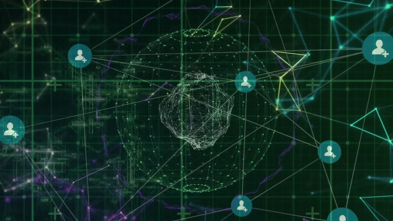 animación de la red de conexiones con iconos sobre el globo y la cuadrícula