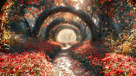 a tunnel of red flowers in the middle of a forest