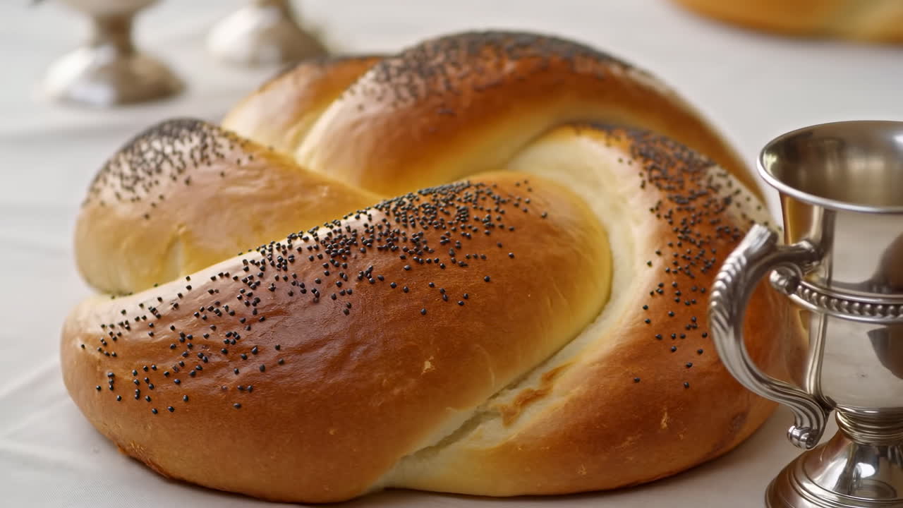 Pão Challah Trançado em Mesa com Copo de Prata, Sementes de Papoula Polvilhadas na Crosta Dourada, Interior Macio Visível