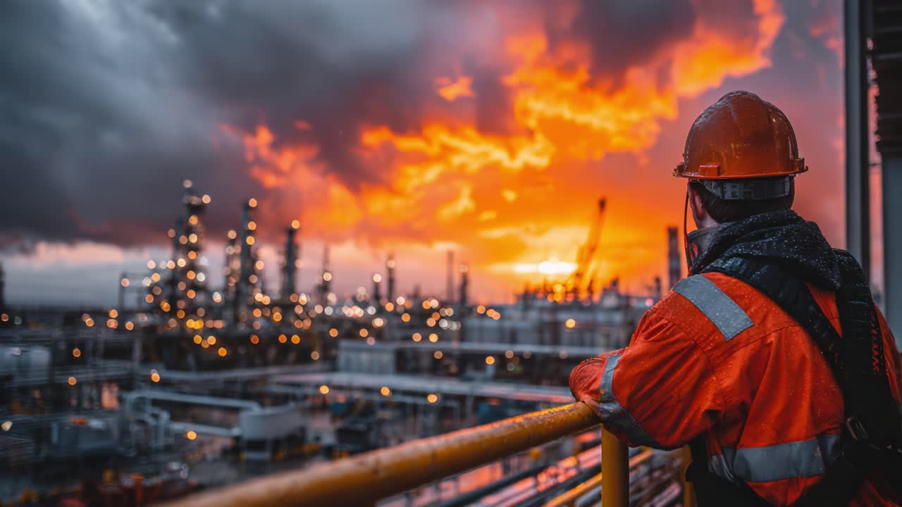 A Worker Observes a Stunning Sunset Over an Industrial Landscape, Highlighting the Blend of Nature and Human Endeavor in the Energy Sector