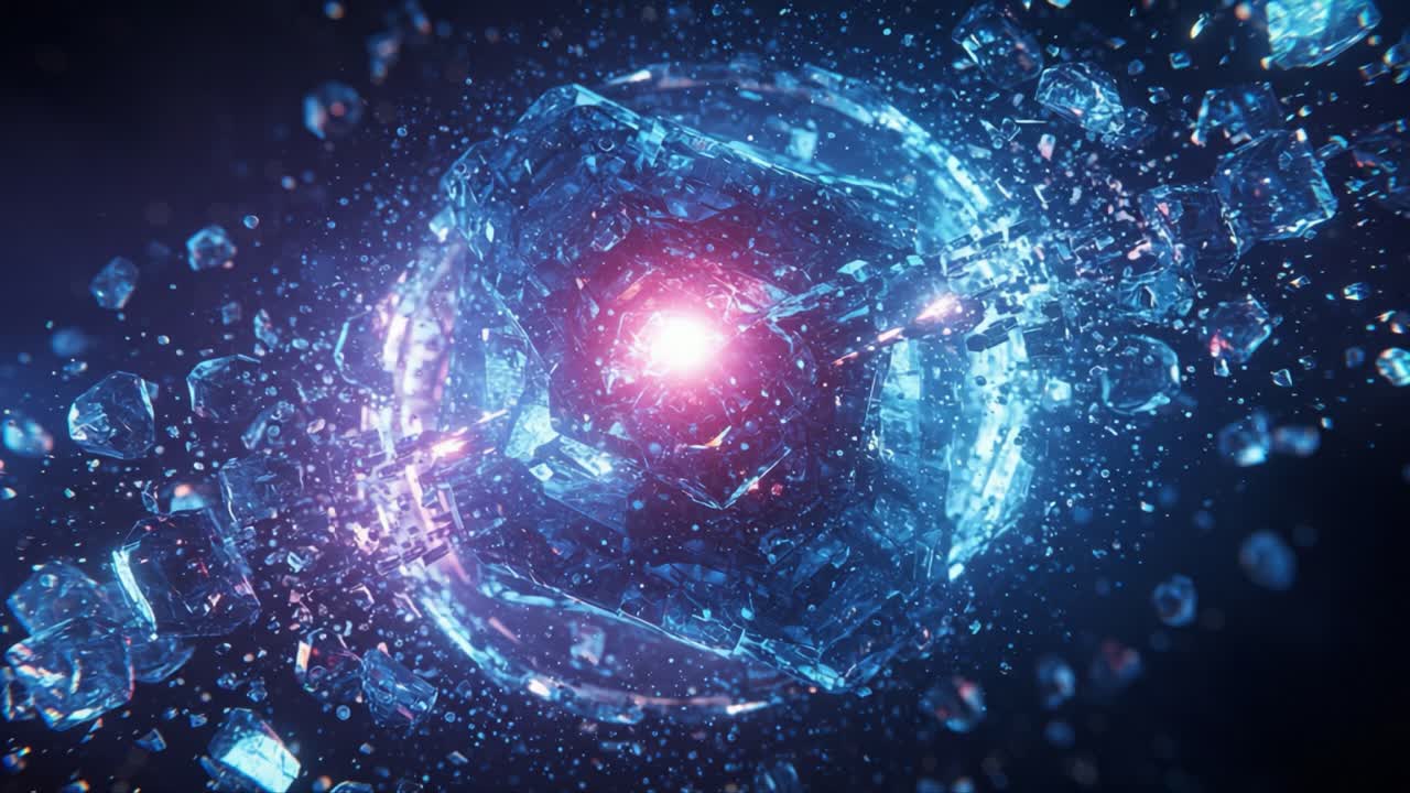 An Abstract Visualization of a Crystal-like Structure in a Cosmic Environment, Showcasing Brilliant Blues and Reds Along with Shattered Ice Particles in Motion