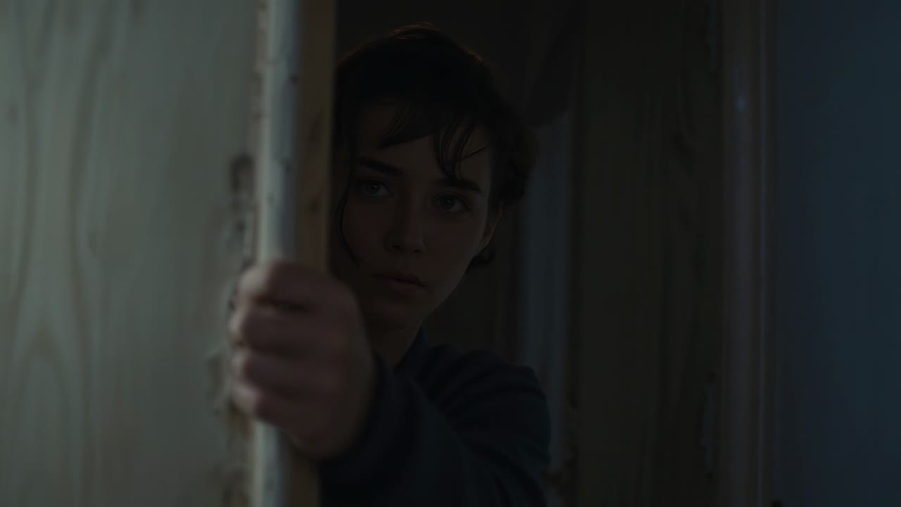 Ouvindo um leve ruído, mulher de suéter escuro abrindo lentamente uma porta desgastada em casa, segurando a borda