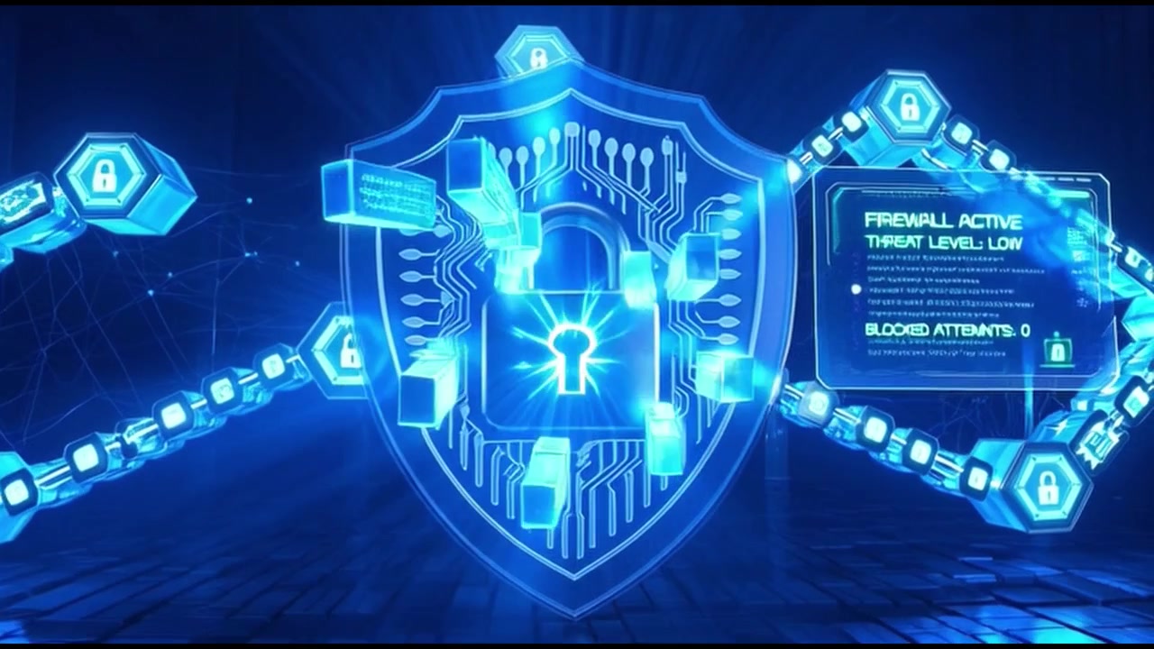 Digital Cybersecurity Shield with Glowing Lock and Data Network