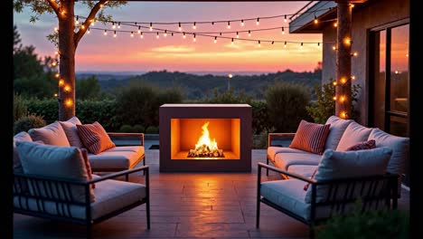 patio al aire libre con fogata y vista al atardecer