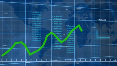 Animación-Del-Procesamiento-De-Datos-Financieros-Sobre-El-Mapa-Mundial-Sobre-Fondo-Azul