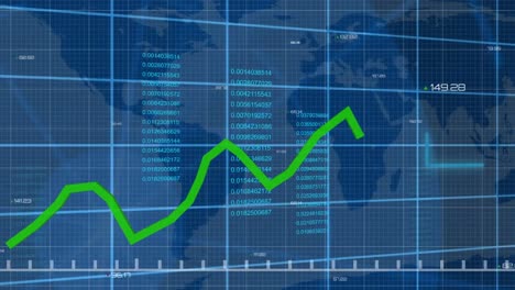 animation of financial data processing over world map on blue background