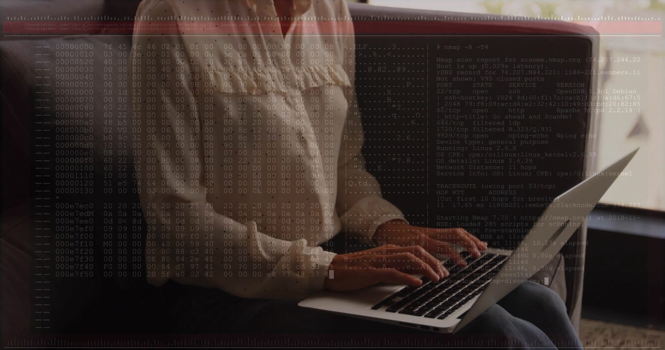 Woman sitting, starting typing on laptop while terminal overlay appearing and scrolling for coding