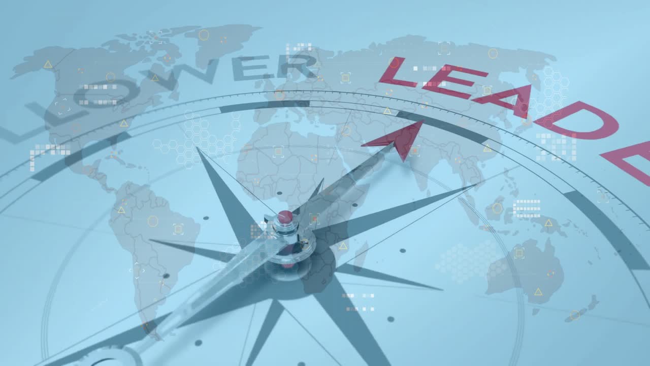 Compass rose directing attention toward bold red LEAD text, overlaying world map with hex grid