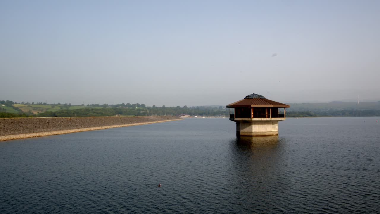 Carsington Water with the Water Valve Tower, Draw Off Tower and the dam to the left