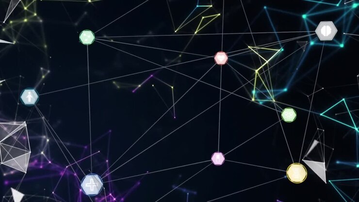 Animation of networks of connections with icons over black background