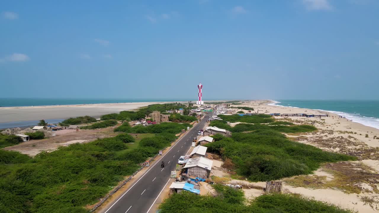 Aerial drone shot capturing the serene beauty of Dhanushkodi, with its historical remnants and vast ocean views.