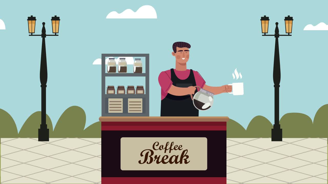 coffee shop animation with worker in kiosk street scene