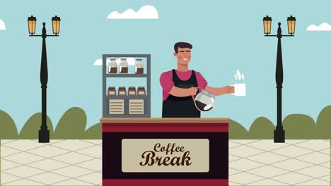 animación de una cafetería con un trabajador en la escena callejera del quiosco