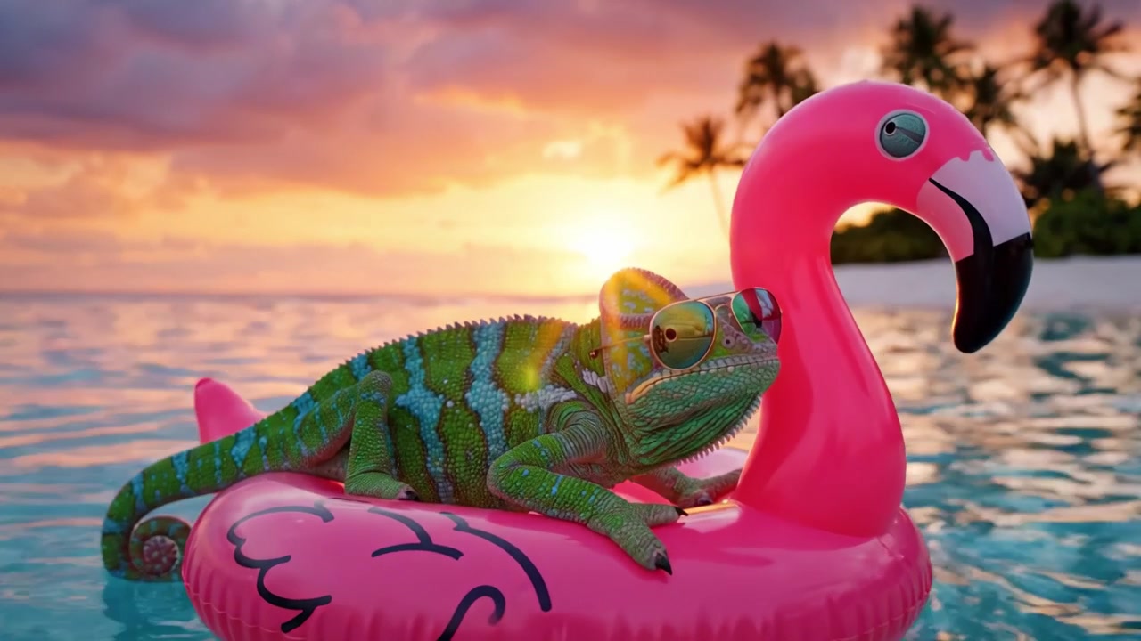 Bunglon Penuh Warna yang Santai di Pelampung Kolam Flamingo Berwarna-warni dengan Latar Belakang Matahari Terbenam yang Indah di Atas Perairan Tenang