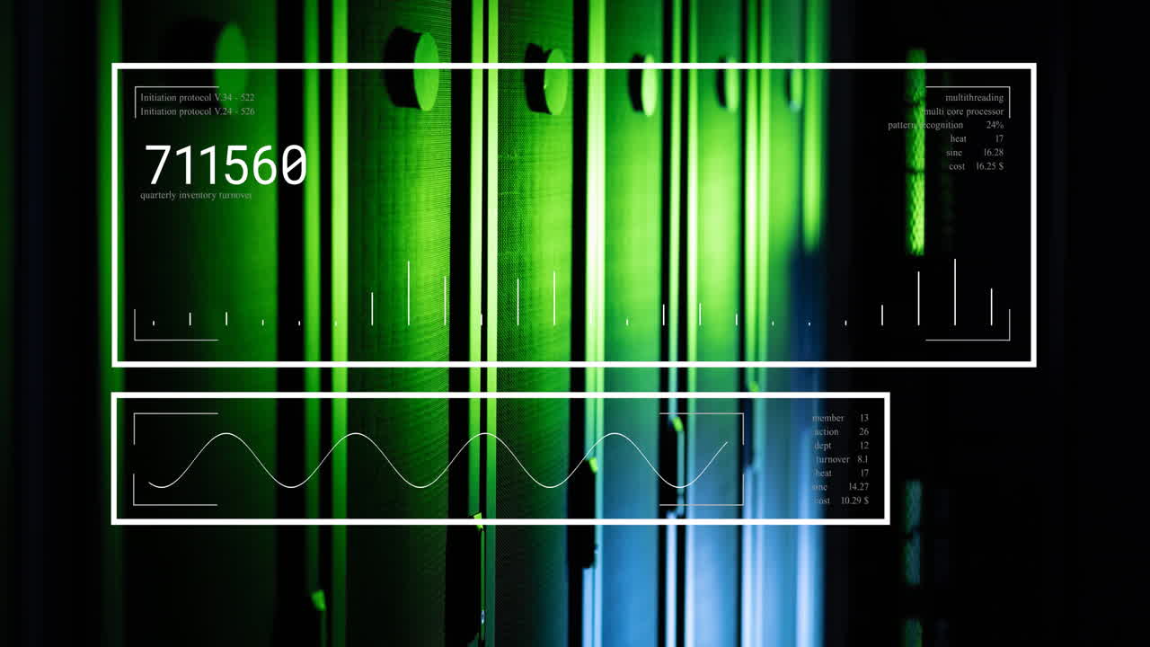 procesamiento de datos a través de servidores brillantes en la habitación oscura del servidor de la computadora.