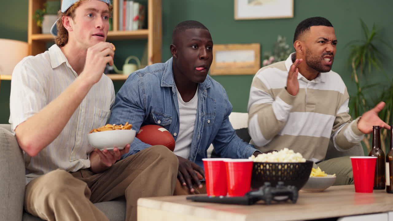 친구들이 집에서 축구 경기를 보고 있습니다.