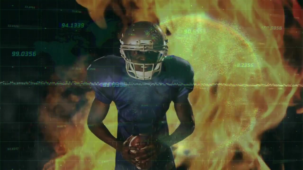 Quarterback che avanza, si centra e tiene la palla mentre fiamme e dati color verde acqua si alzano intorno per una promozione