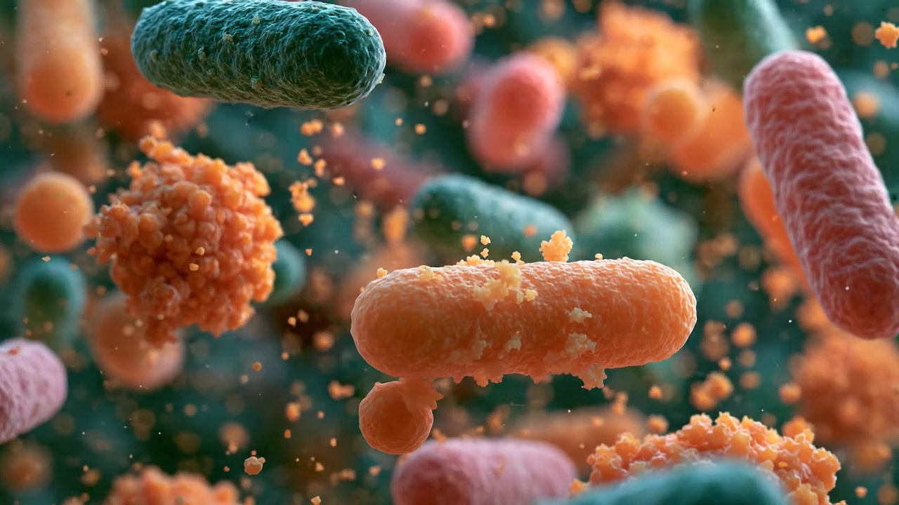 Batteri colorati che fluttuano in una vista biologica microscopica ravvicinata in un filmato dettagliato.