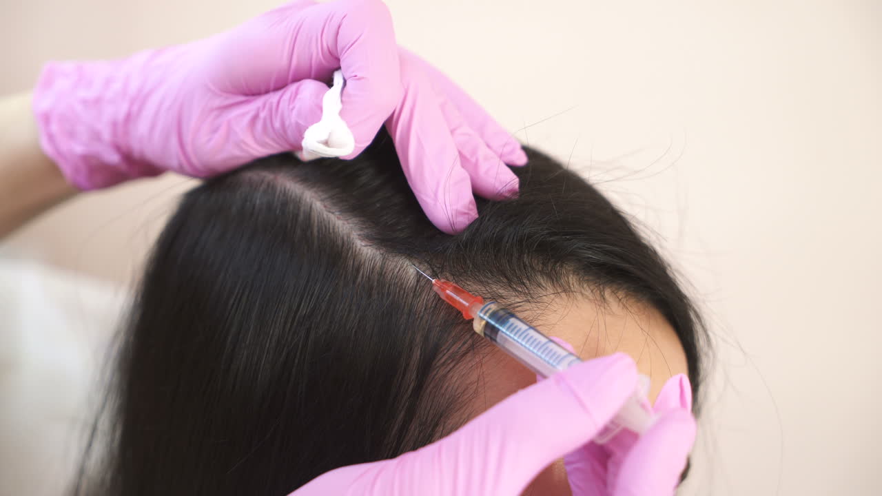 Needle mesotherapy. Cosmetologist makes injections into the scalp. Thrust to strengthen hair and their growth