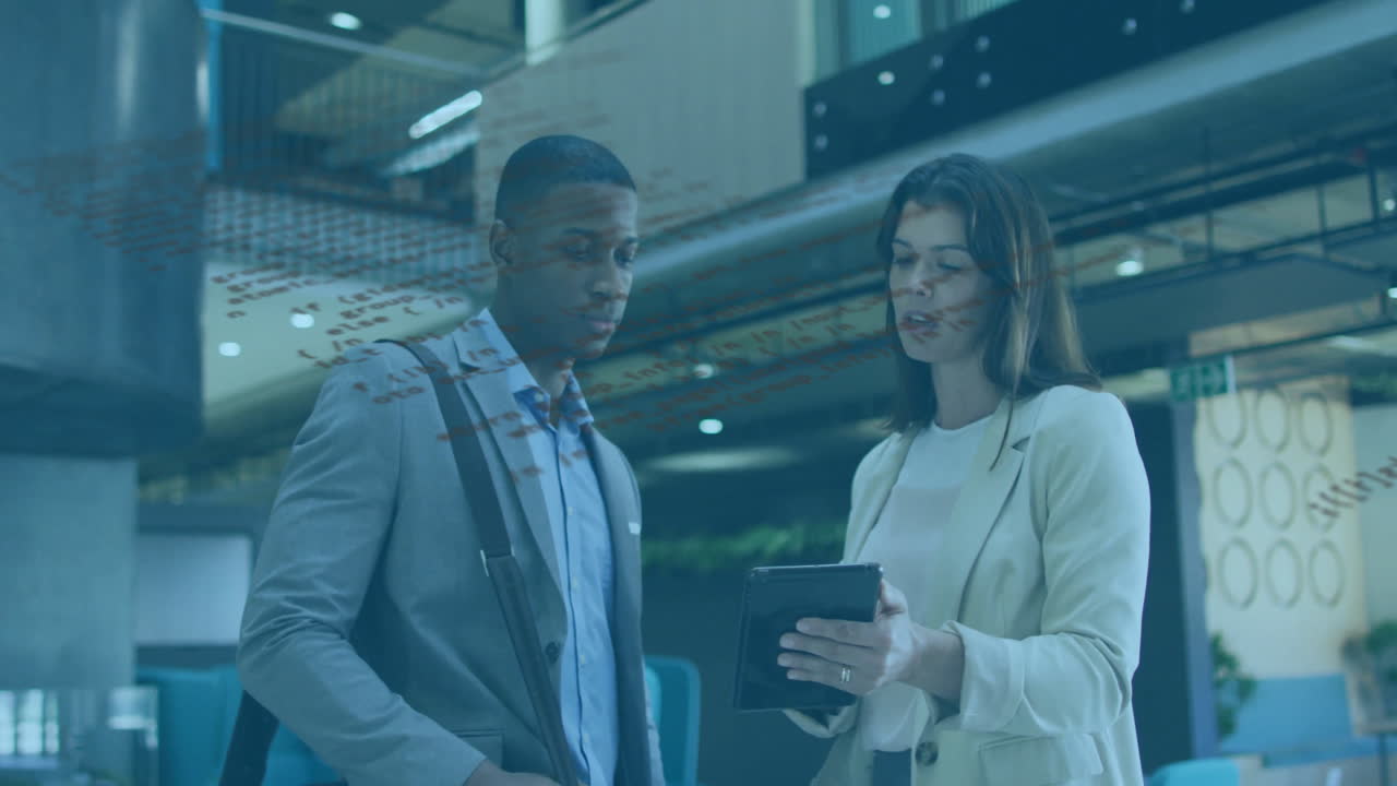 In modern office, professionals discussing work while looking at tablet animation